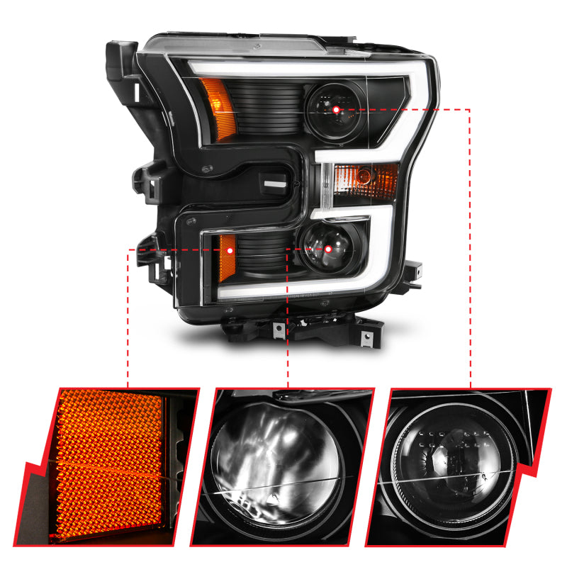 ANZO 111357 2017 fits Ford 15-20 F-150 Projector Headlights w/ Plank Style Switchback Black w/ Amber