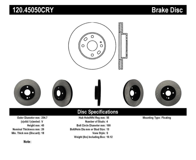 Stoptech 120.45050CRY Centric 94-05 Mazda Miata MX-5 (Normal Suspension) Front CryoStop Rotor
