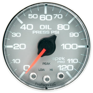 AutoMeter P325218 Autometer Spek-Pro Gauge Oil Press 2 1/16in 120psi Stepper Motor W/Peak & Warn Slvr/Chrm