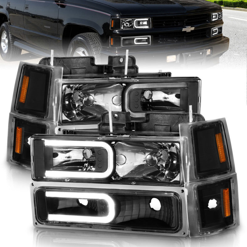 ANZO 111528 fits Chevrolet 88-98 C1500 Crystal Headlights w/ Light Bar Black Housing w/ Signal Side Markers 8Pcs