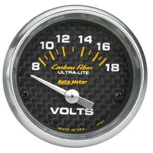 AutoMeter 4791 Autometer Carbon Fiber 52mm 8-18 Volt Electronic Volt meter