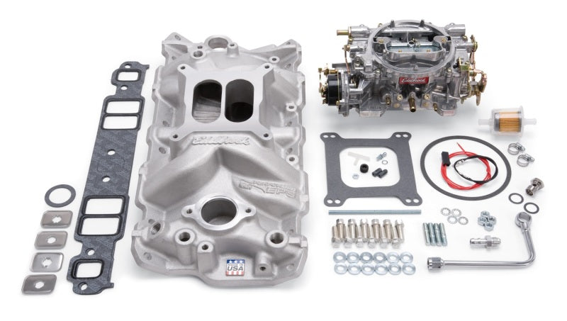 Edelbrock 2021 Manifold And Carb Kit Performer Eps Small Block fits Chevrolet 1957-1986 Natural Finish
