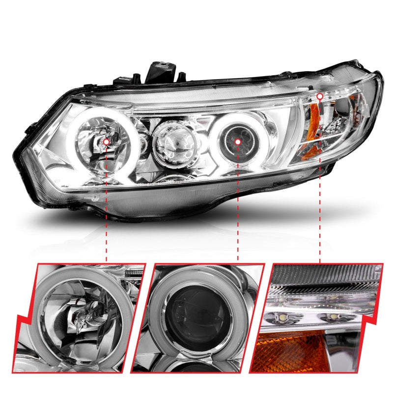 ANZO 121061 2011 fits Honda 06-20 Civic Projector Headlights w/ Halo Chrome (CCFL)