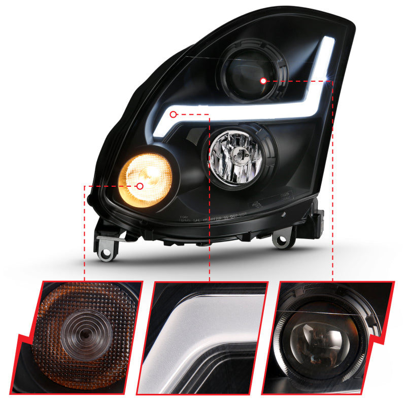 ANZO 121557 2007 fits Infiniti 03-20 G35 Projector Headlight Plank Style Black (HID Compatible, No HID Kit )