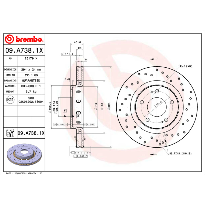 Brembo OE 09.A738.1X 09 15 fits Mitsubishi Lancer/04-06 Outlander Drilled Xtra B