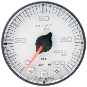 AutoMeter P305128 Autometer Spek-Pro 2 1/16in 100PSI Stepper Motor W/Peak & Warn White/Black Boost Gauge