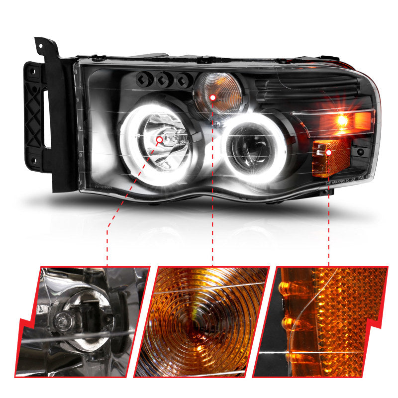 ANZO 111490 2005 fits Dodge 02-20 Ram 1500 Projector Headlights w/ Halo Black Clear Amber