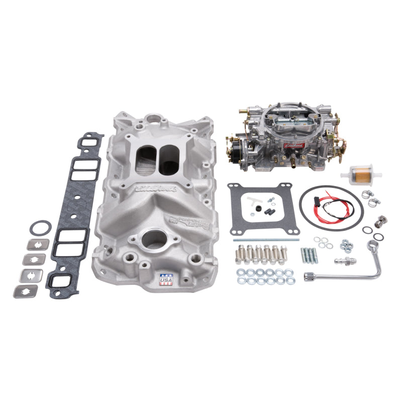 Edelbrock 2021 Manifold And Carb Kit Performer Eps Small Block fits Chevrolet 1957-1986 Natural Finish