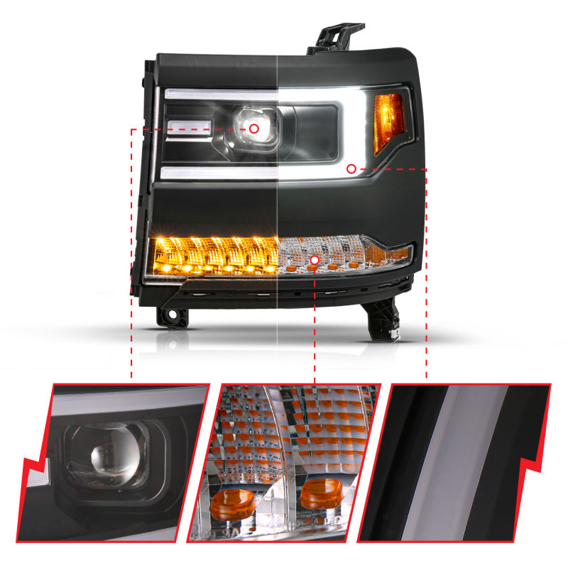 ANZO 111624A 16-18 fits Chevy Silverado1500 (Factory HID Models) LED Proj Light Bar Style Headlights Black - Pair