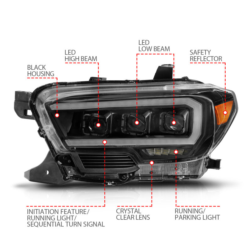 ANZO 111563 fits Toyota 16-22 Tacoma LED Projector Headlights w/ Light Bar Sequential Black Housing w/Initiation