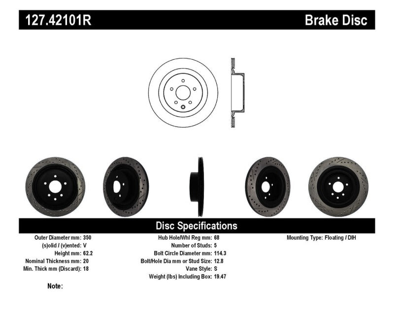 Stoptech 127.42101R fits Infiniti G37 / Nissan 370Z SportStop Slotted & Drilled Rear Right Rotor