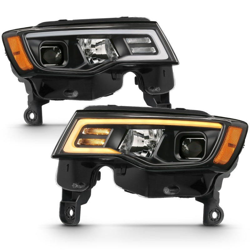 ANZO 111418 2018 fits Jeep 17-20 Grand Cherokee Projector Headlights w/ Plank Style Switchback - Black w/ Amber