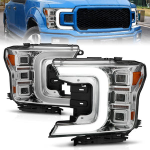 ANZO 111521 18-20 fits Ford F-150 Full Led Projector Light Bar Style Headlights - Chrome Amber