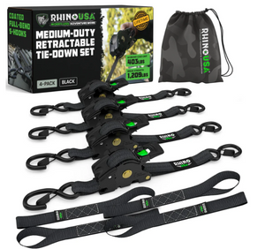 Rhino USA TD-RSRE1X10-BLK-R Retractable Ratchet Straps (4Pk 1Inx10Ft) (Black)