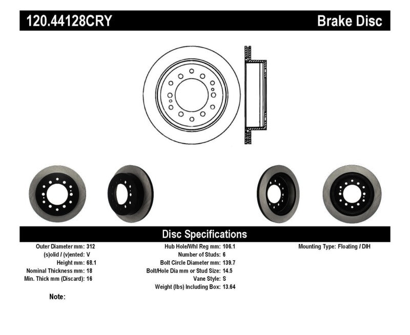 Stoptech 120.44128CRY 03-09 Toyota 4Runner / 05-14 Toyota FJ Cruiser Rear Performance Cryo Brake Rotor