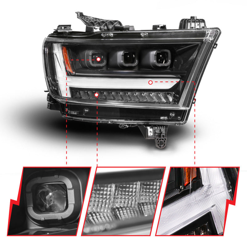 ANZO 111628A-R 19-24 fits RAM 1500 (New Body/OE Halogen) Full LED Proj Headlights DRL/SeqSig Black - Pass. Side
