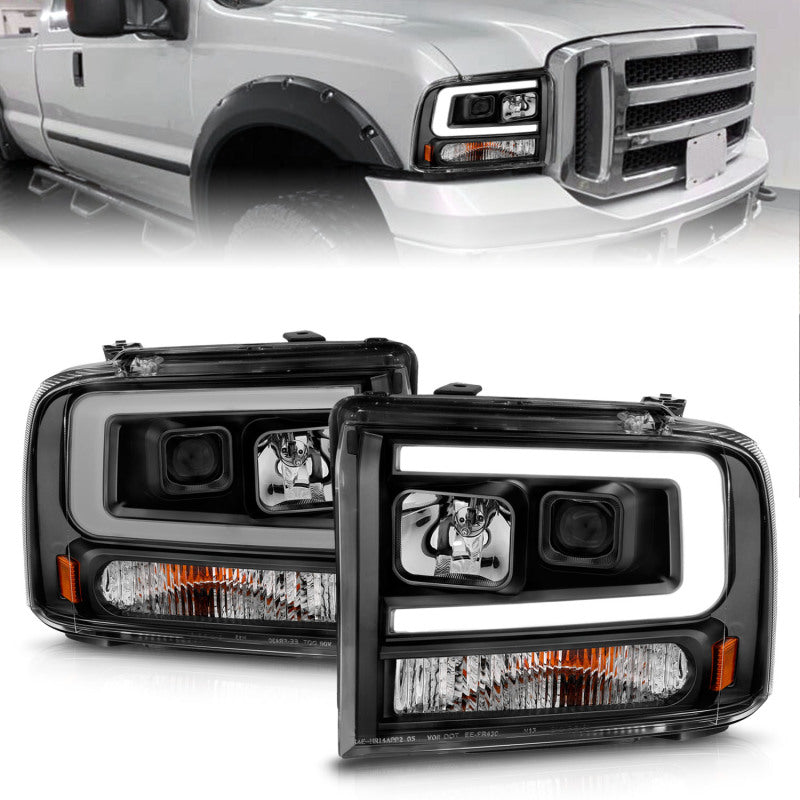 ANZO 111551 fits Ford 99-04 F250/F350/F450/Excursion (excl 99) Projector Headlights - w/ Light Bar Black Housing