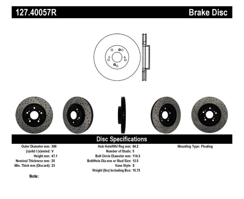 Stoptech 127.40057R 02-06 fits Acura RSX Type S / 06-09 Honda Civic Si Slotted & Drilled Right Front Rotor