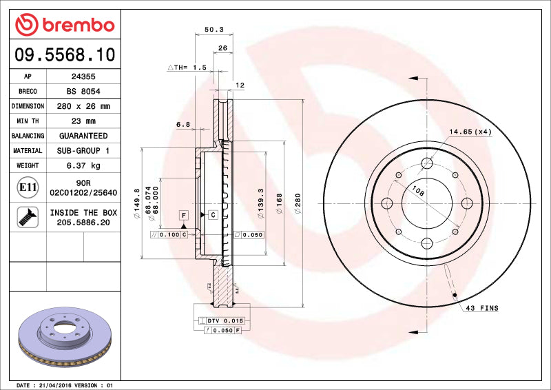 Brembo OE 09.5568.10 1993 fits Volvo 850 Front Premium OE Equivalent Rotor
