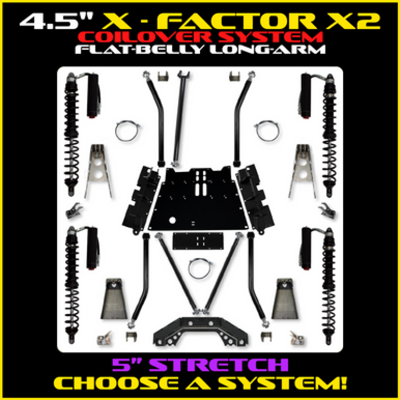 Rock Krawler TJ45X2COMP-5S 97-06 fits Wrangler TJ 4.5in X Factor X2 Flat Belly CoilOver Long Arm System w/ 5 In Stretch