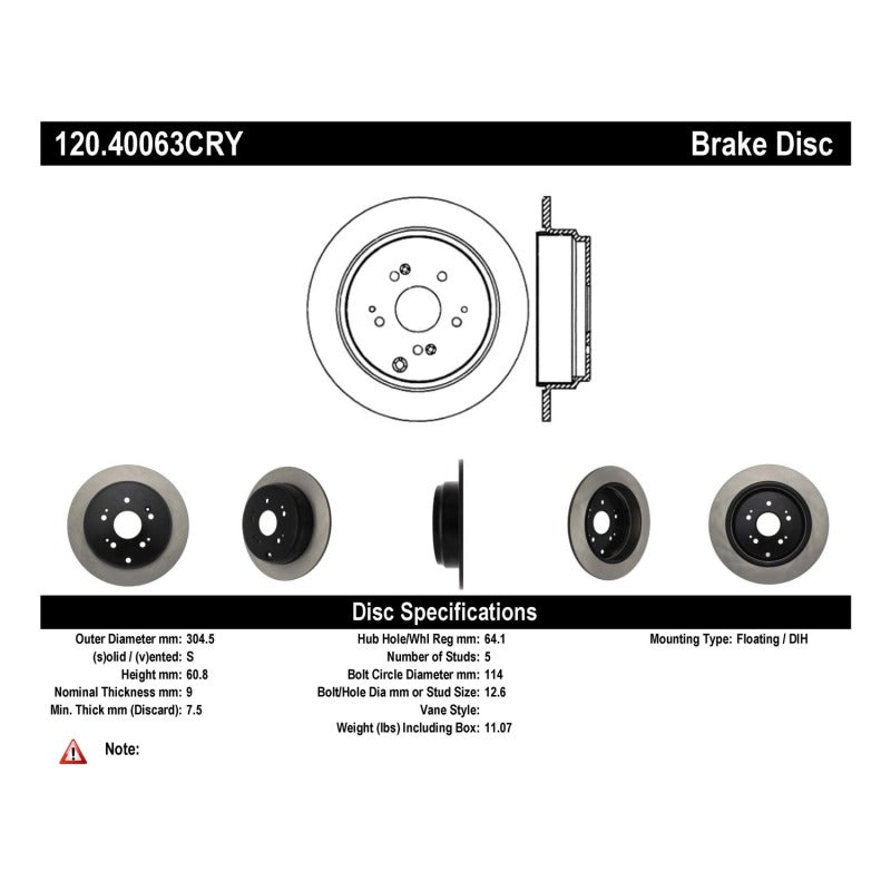 Stoptech 120.40063CRY 07-18 Acura RDX Rear Premium CryoStop Brake Rotor
