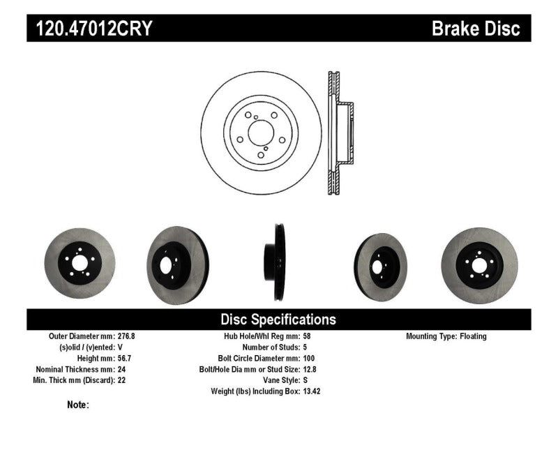 Stoptech 120.47012CRY 98-02/02 Subaru Forester/98-10 Impreza CRYO Rotor