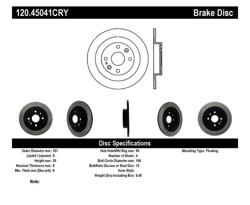Stoptech 120.45041CRY Centric 94-05 Mazda Miata MX-5/92-95 MX-3 (Normal Suspension) Rear Premium Brake Cryo Rotor