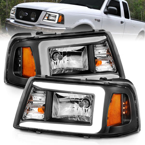 ANZO 111511 2001-2011 fits Ford Ranger Crystal Headlights w/ Light Bar Black Housing