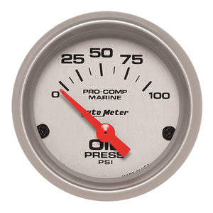 AutoMeter 200758-33 Autometer Marine Silver Ultra-Lite 2-1/16in 100PSI Electric Oil Pressure Gauge