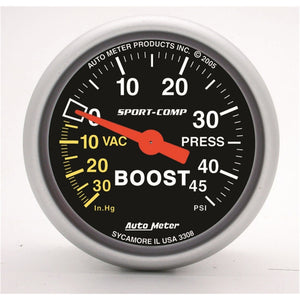 AutoMeter 3308 Sport-Comp 52mm 45 PSI Mechanical Boost Gauge
