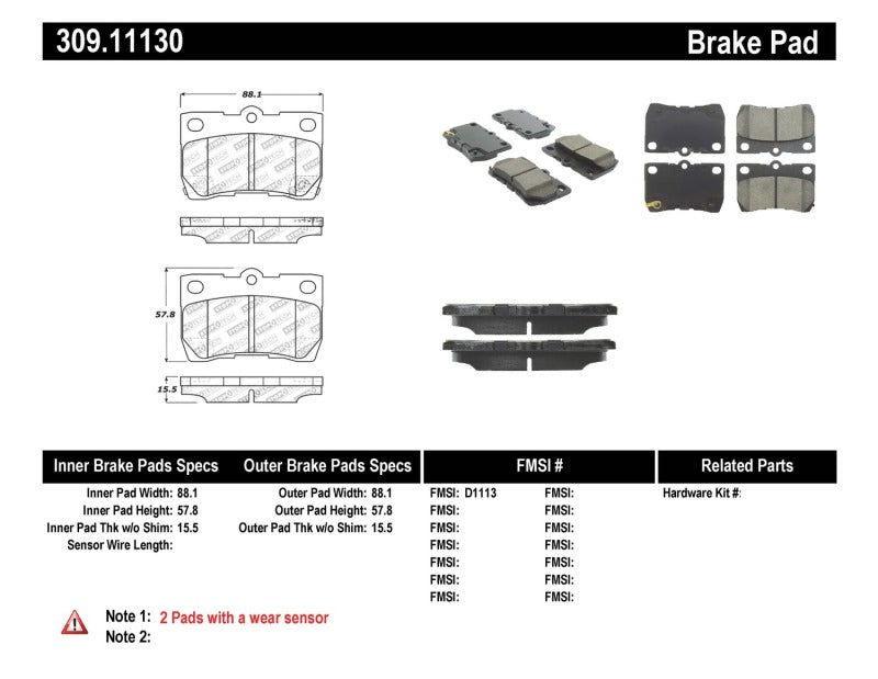Stoptech 309.1113 Performance 06 fits Lexus GS300/430 / 07-08 GS350 / 06-08 IS250/350 Rear Brake Pads