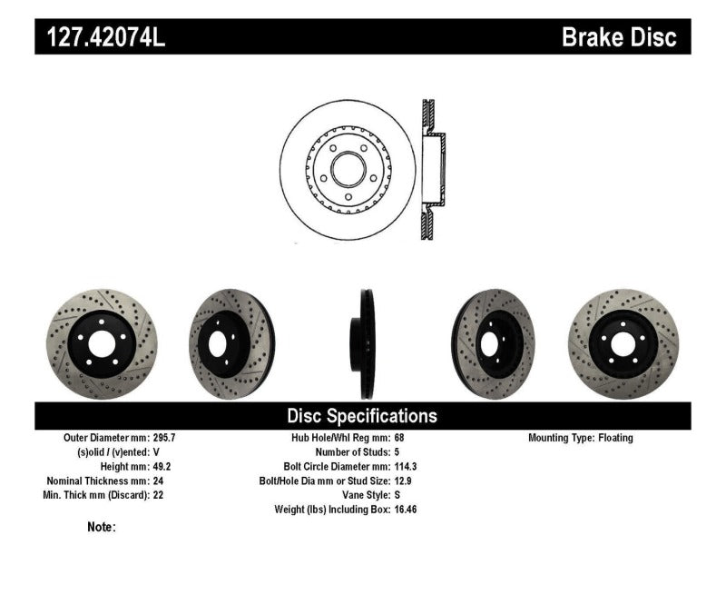 Stoptech 127.42074L 1/02-05 Infiniti G35 (alloy disc) / 6/02-05 Nissan 350Z Slotted & Drilled Left Front Rotor