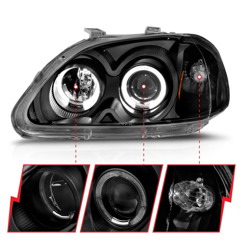 ANZO 121068 1998 fits Honda 96-19 Civic Projector Headlights w/ Halo Black