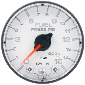 AutoMeter P315128 Autometer Spek-Pro Gauge Fuel Press 2 1/16in 15psi Stepper Motor W/Peak & Warn Wht/Blk