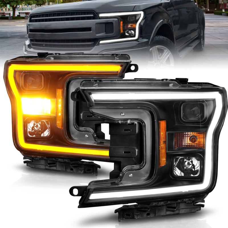 ANZO 111509 2020 fits Ford 18-20 F-150 Projector Headlight w/ Plank Style Switchback Black Housing