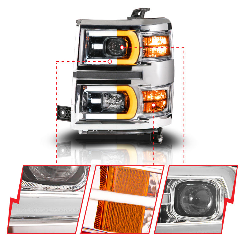 Anzo 111618 14-15 fits Chevy Silverado 1500 Chrome Dual Switchback+Sequential LED Tube Sq. Projector Headlights