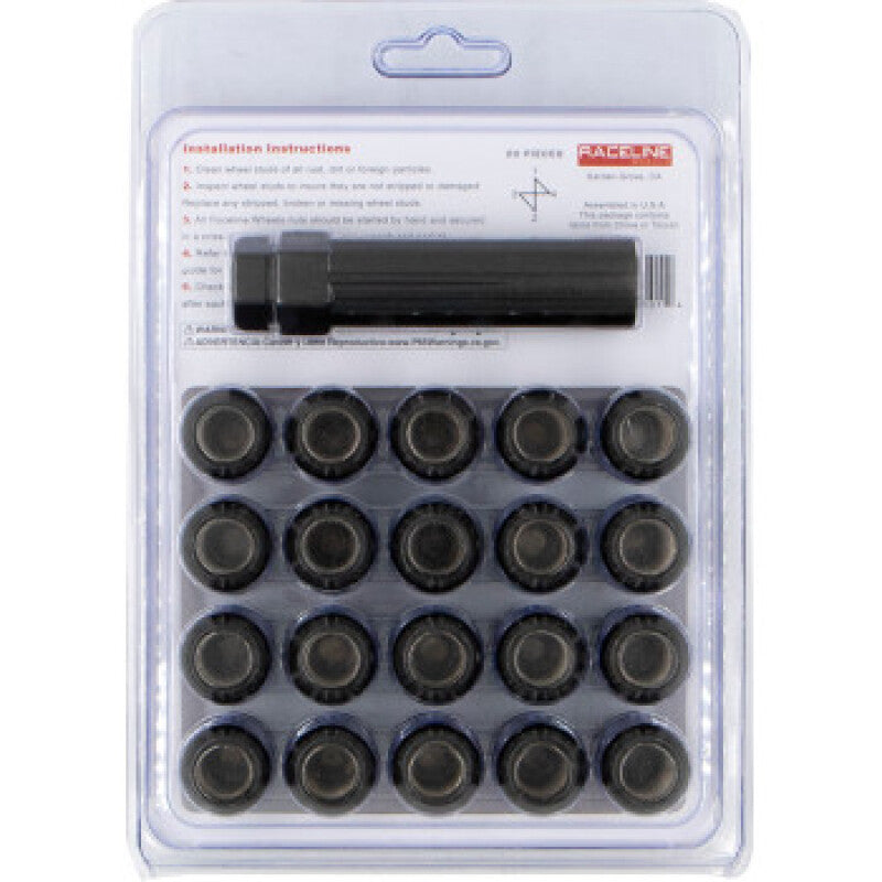 Raceline RLUG-CS25B Spline Lug Nut Kit with Spline Key 12 x 1.5 - 20 Pack - Blac