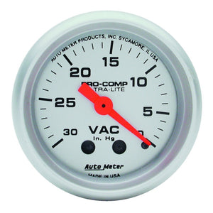 AutoMeter 4384 Autometer Ultra-Lite 52mm Mechanical Vacuum Gauge 30INHG