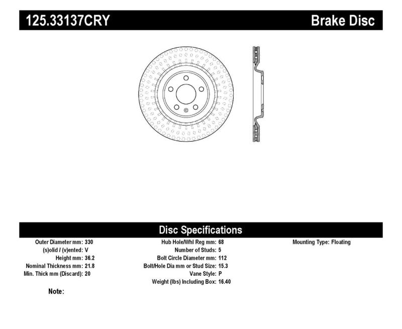 Stoptech 125.33137CRY 10-19 Audi S4 Premium Rear CryoStop Brake Rotor