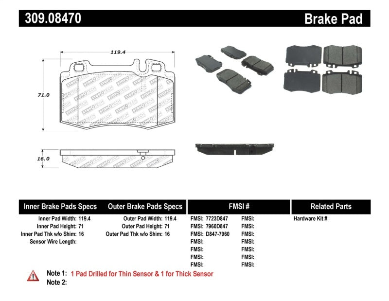 Stoptech 309.0847 Performance 94-12/96 Maserati / Mercedes Benz C/E/ML/S/SL Series Front Brake Pads
