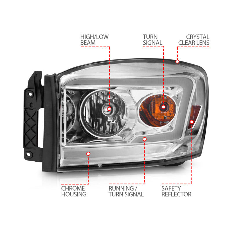 Anzo 111525 06-09 fits Dodge RAM 1500/2500/3500 Headlights Chrome Housing/Clear Lens (w/ Light Bars)