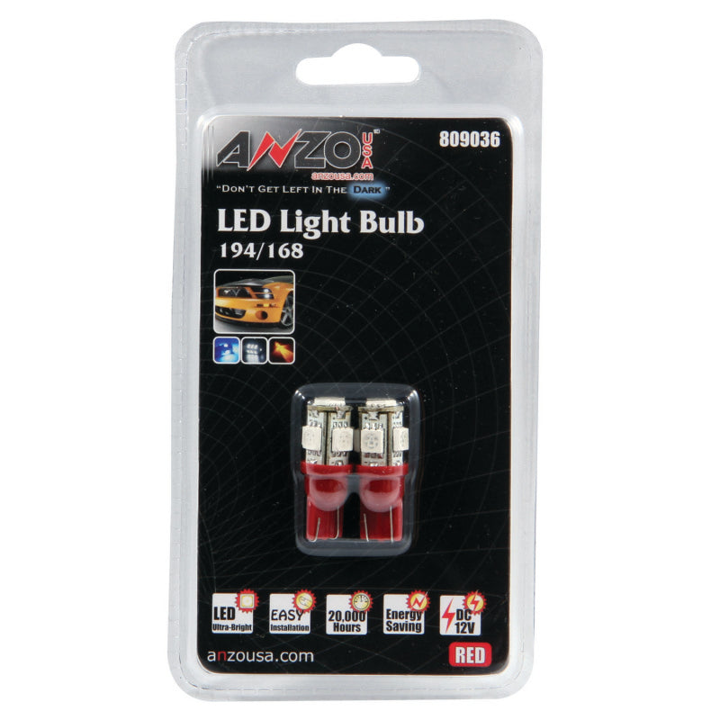 ANZO 809036 LED Bulbs Universal 194/168 Red - 5 LEDs