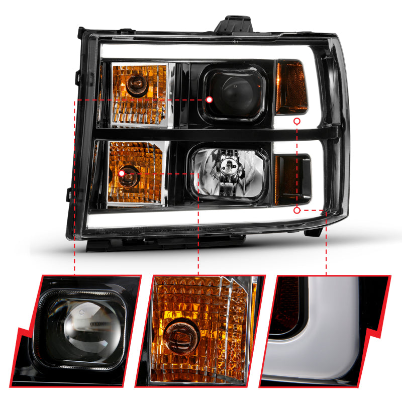 ANZO 111482 2013 Gmc Sierra 1500 Projector Headlight Plank Style Black w/ Clear Lens Amber