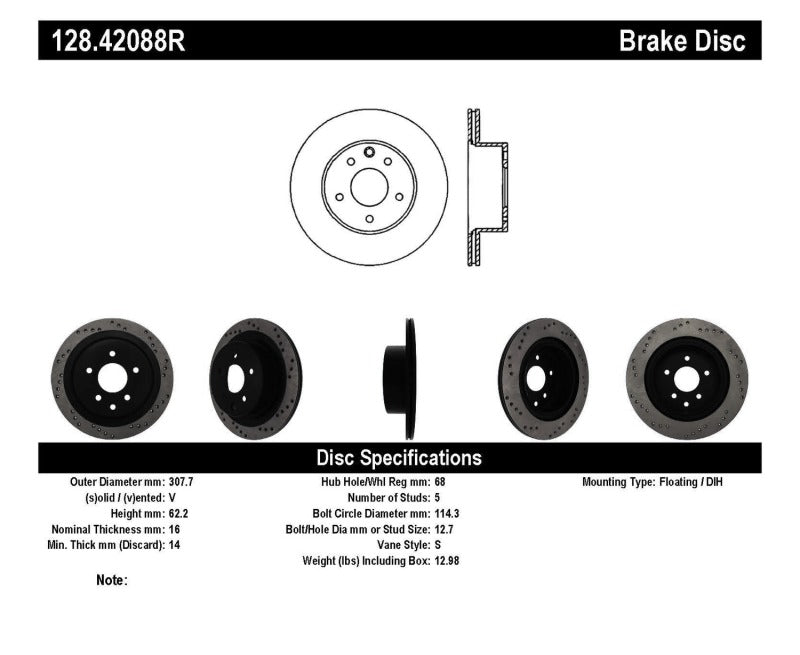 Stoptech 128.42088R 08-09 fits Infiniti EX35 / 05-08 G35 / 09 G37 / 06-09 M35/M45 Drilled Right Rear Rotor