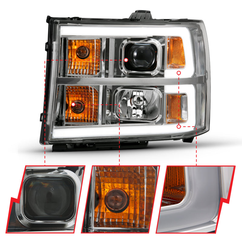 ANZO 111483 2013 Gmc Sierra 1500 Projector Headlight Plank Style Chrome w/ Clear Lens Amber