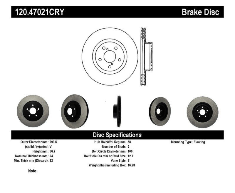Stoptech 120.47021CRY 06-08 fits Subaru Legacy Wagon/Sedan 2.5i Front Cyro Performance Rotor