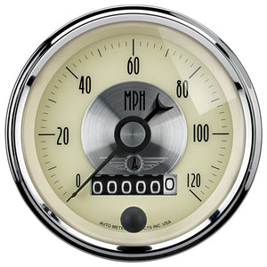 AutoMeter 2089 AutoMeter Gauge Speedo 3-3/8in. 120MPH Elec. Program W/Wheel Odo Prestige Antq. Ivory