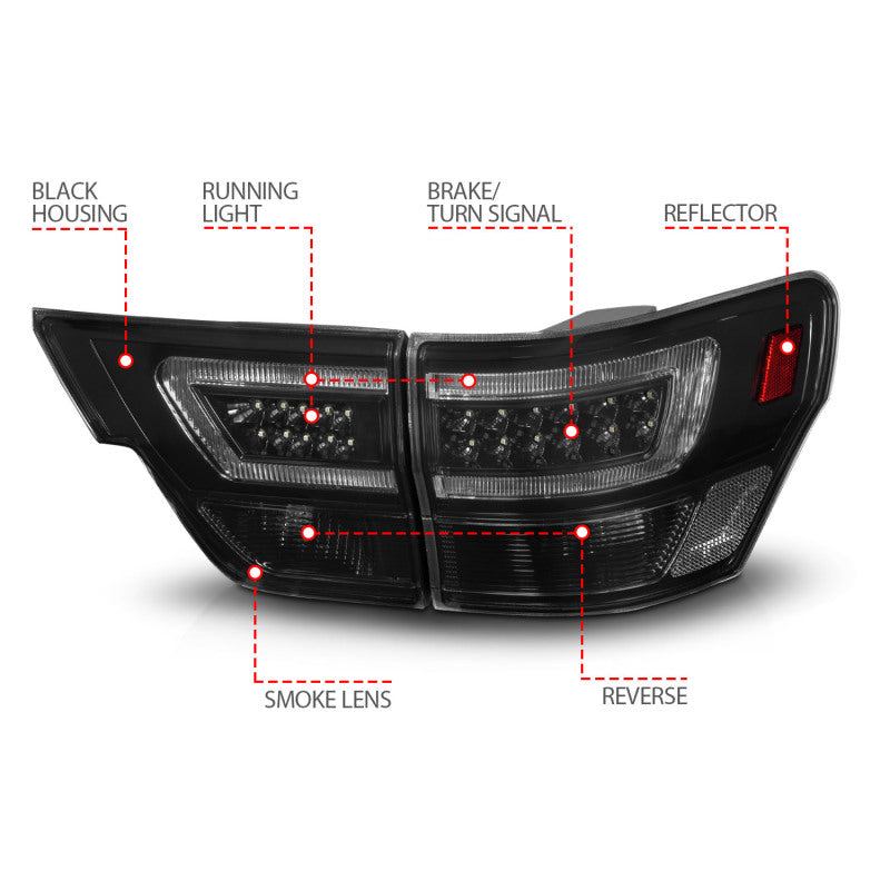 ANZO 311440 fits Jeep 11-13 Grand Cherokee LED Taillights w/ Lightbar Black Housing/Smoke Lens 4pcs