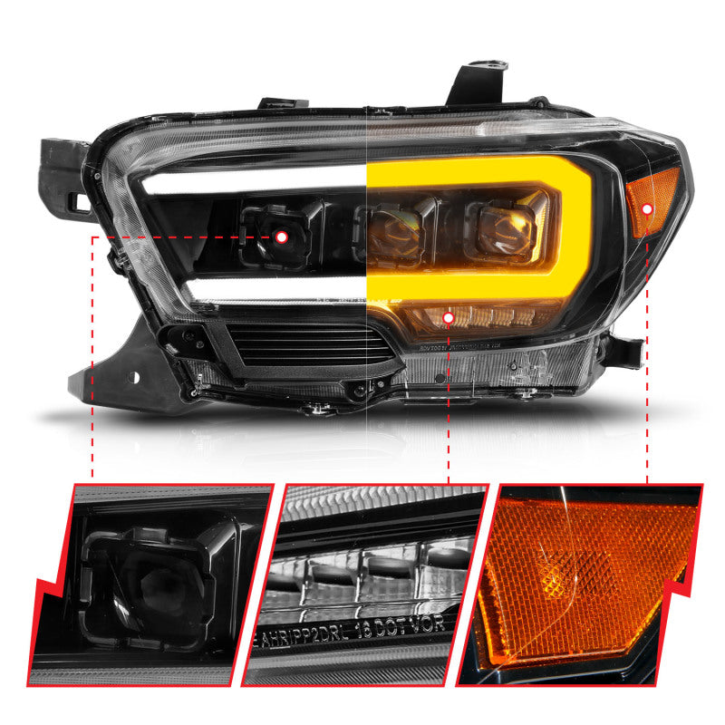 ANZO 111563 fits Toyota 16-22 Tacoma LED Projector Headlights w/ Light Bar Sequential Black Housing w/Initiation