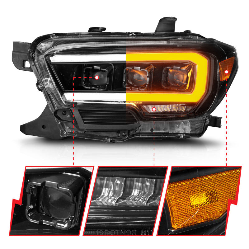 ANZO 111562 fits Toyota 16-22 Tacoma SR/SR5 ONLY Full LED Proj Headlights w/Light Bar Seq. Blk w/Initiation Lgt